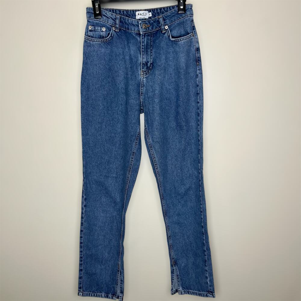 NA-KD Split Hem Jeans Small Womens Tapered Med Wash Denim 36 EUR High Rise 4/6